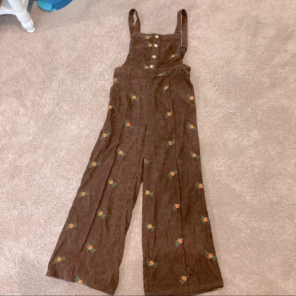 Faux suede brown Cider overalls with flowers